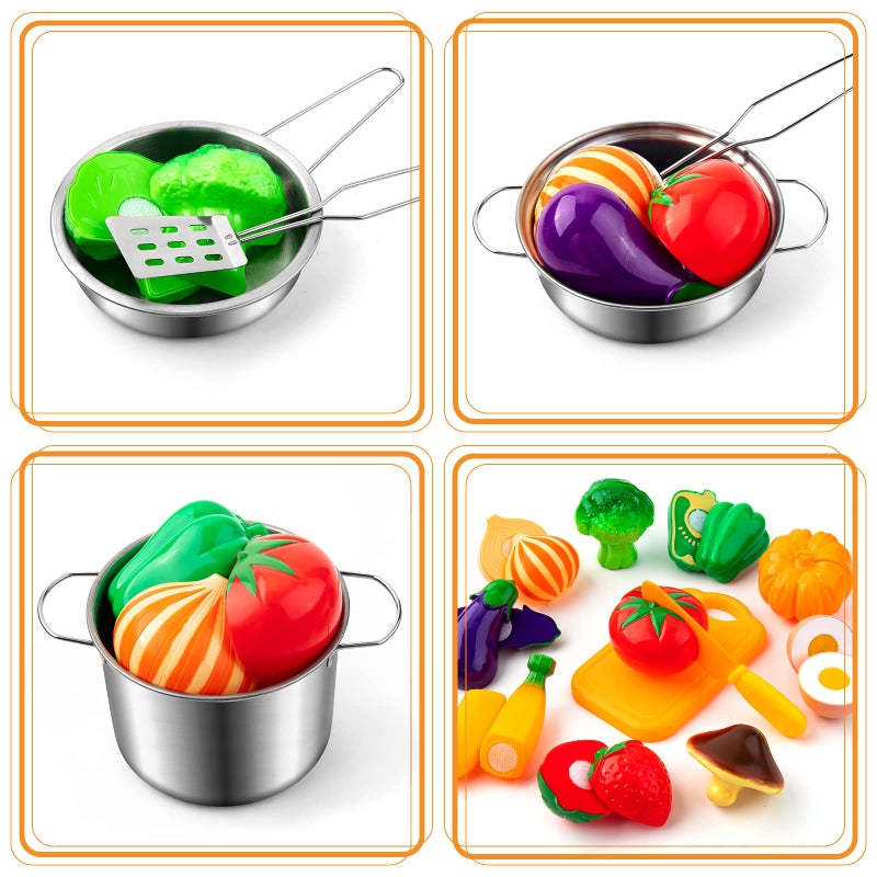 Tigerhu 26PCS Play Kitchen Accessories, Kitchen Pretend Play Cooking Toys w/ Stainless Steel Cookware, Apron & Chef Hat,Pots and Pans Set, Cutting Foods, Great Learning Gifts for Toddler & Boys Girls - Image 4